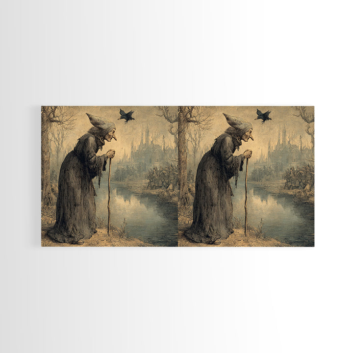 The Swamp Witch, Northern Renaissance Horror, Wide Panoramic Art, Dark Halloween Decor, Canvas Print, Halloween Wall Art