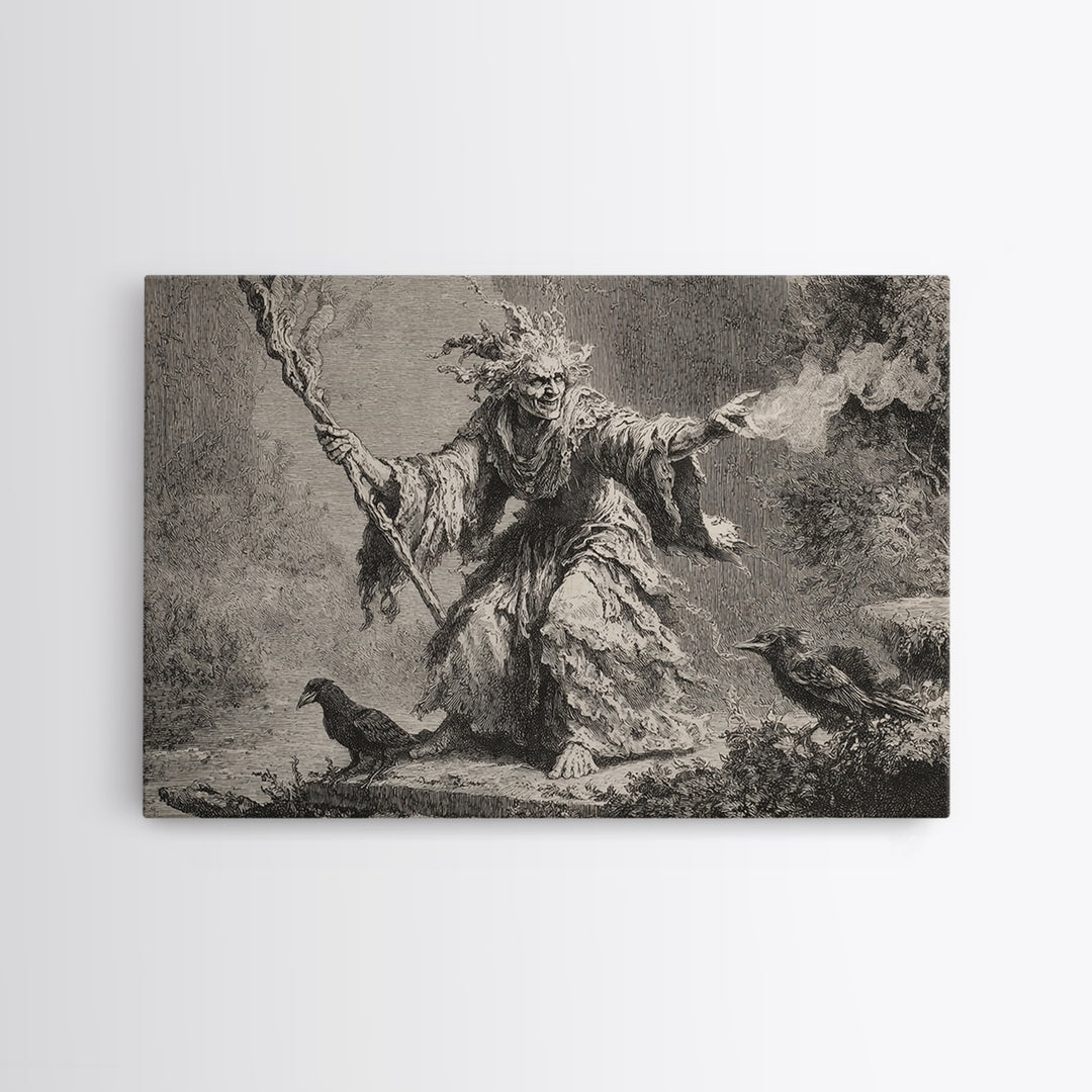 The Swamp Witch, Architectural Etching Art, Landscape Wall Art, Dark Halloween Decor, Canvas Print, Halloween Wall Art