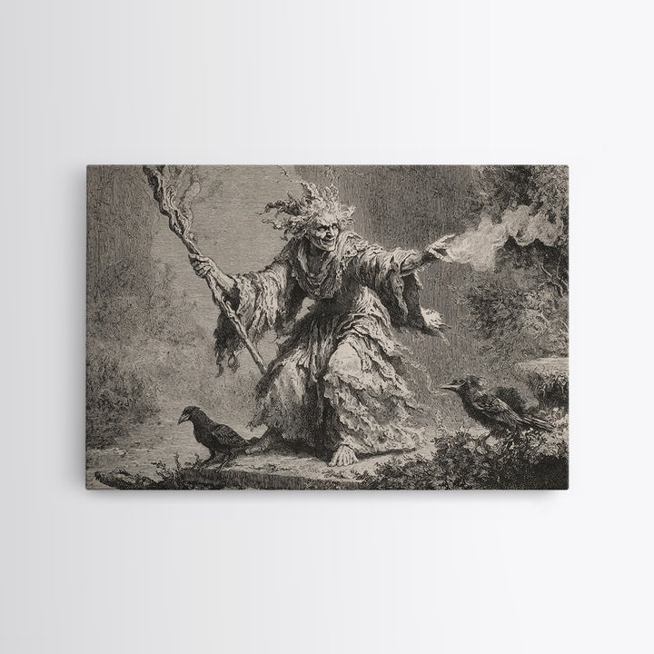 The Swamp Witch, Architectural Etching Art, Landscape Wall Art, Dark Halloween Decor, Canvas Print, Halloween Wall Art