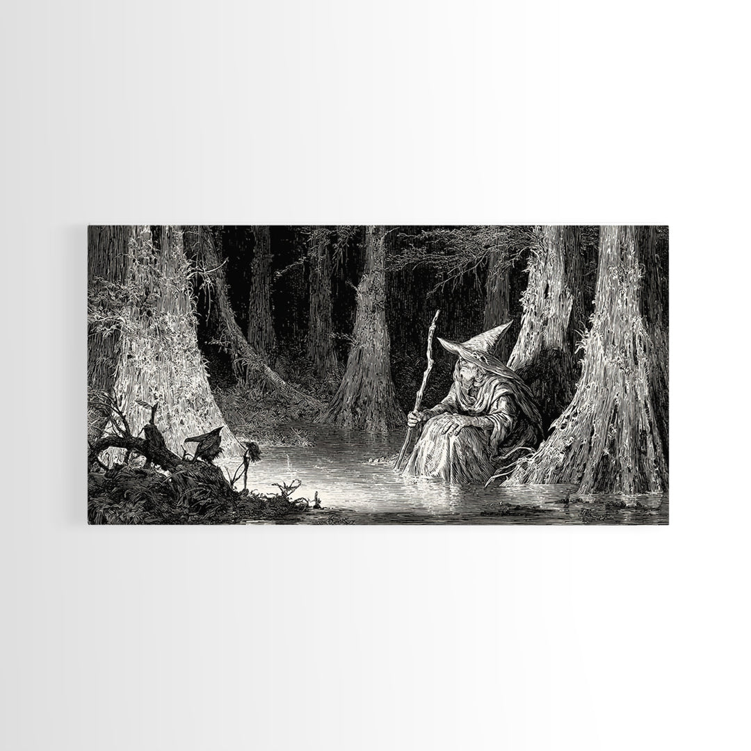 The Swamp Witch, Expressionist Nightmare Art, Wide Panoramic Art, Dark Fantasy Wall Art, Canvas Print, Halloween Wall Art, Dark Fantasy Art