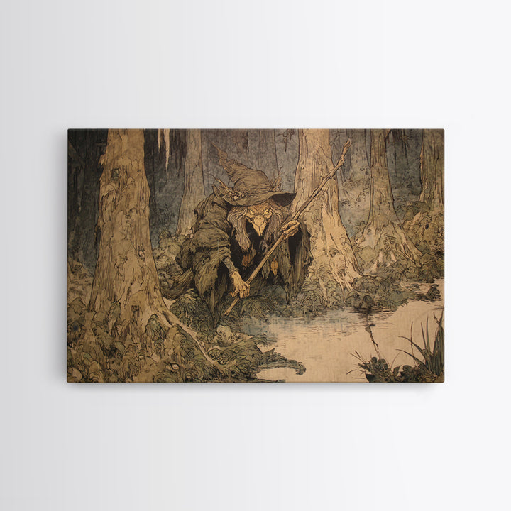 The Swamp Witch, Gothic Storybook Art, Landscape Wall Art, Dark Halloween Decor, Canvas Print, Halloween Wall Art, Macabre Wall Art