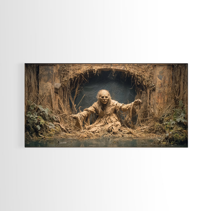 The Bog Mummy, Northern Renaissance Horror, Wide Panoramic Art, Dark Halloween Decor, Canvas Print, Halloween Wall Art