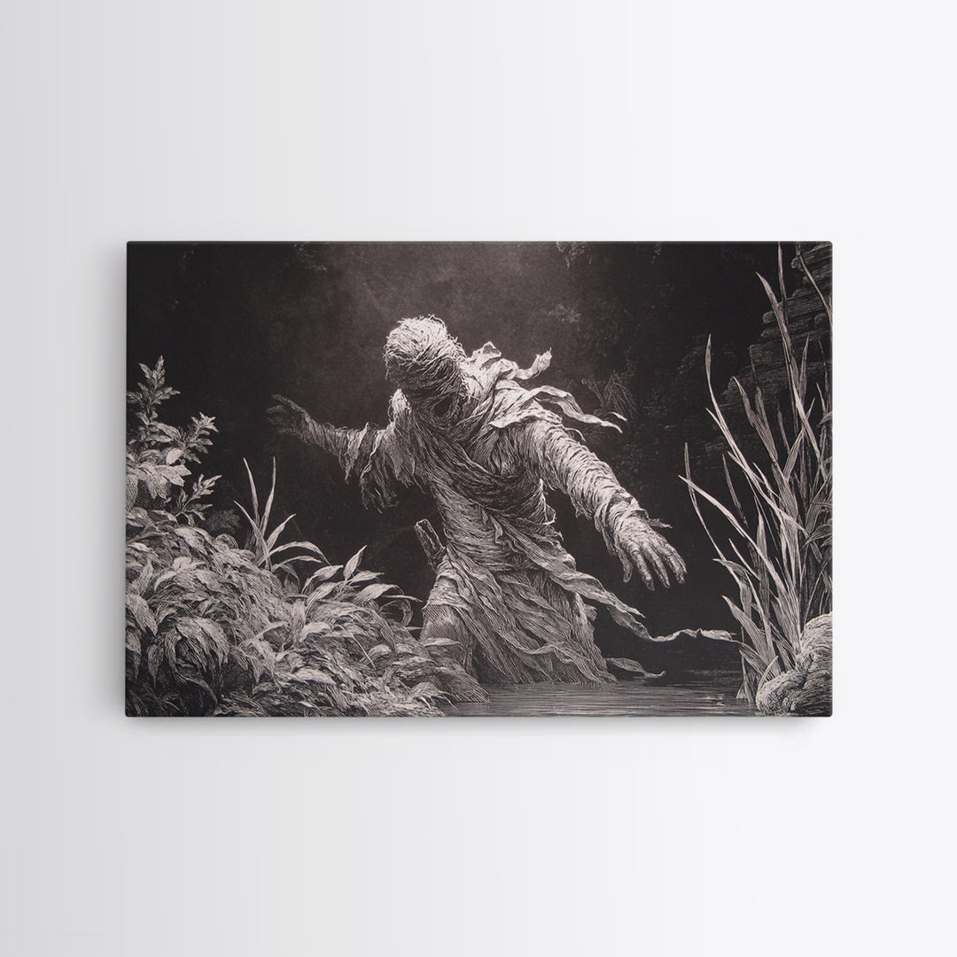 The Bog Mummy, Architectural Etching Art, Landscape Wall Art, Dark Halloween Decor, Framed Canvas Print, Halloween Wall Art