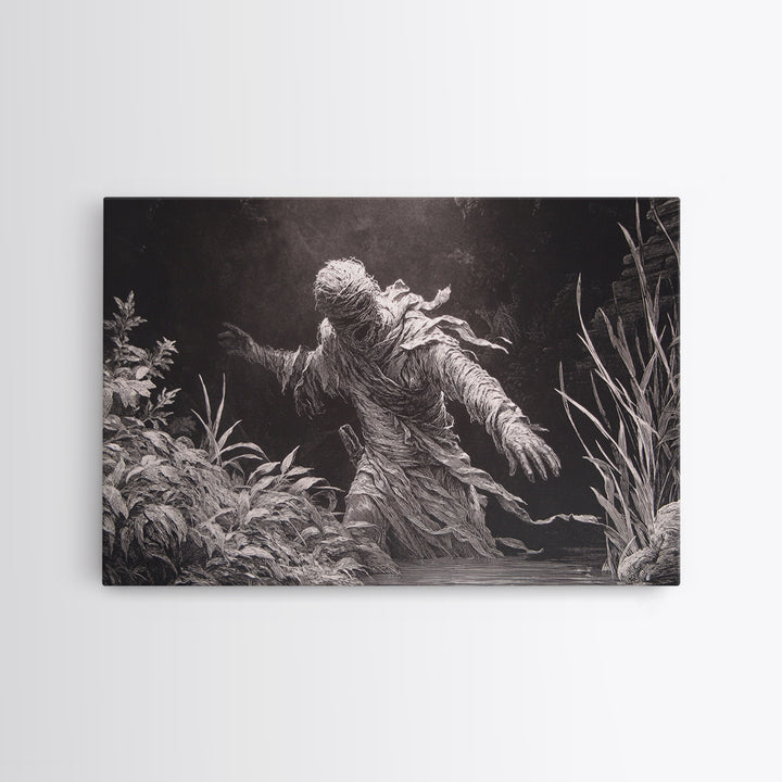 The Bog Mummy, Architectural Etching Art, Landscape Wall Art, Dark Halloween Decor, Framed Canvas Print, Halloween Wall Art