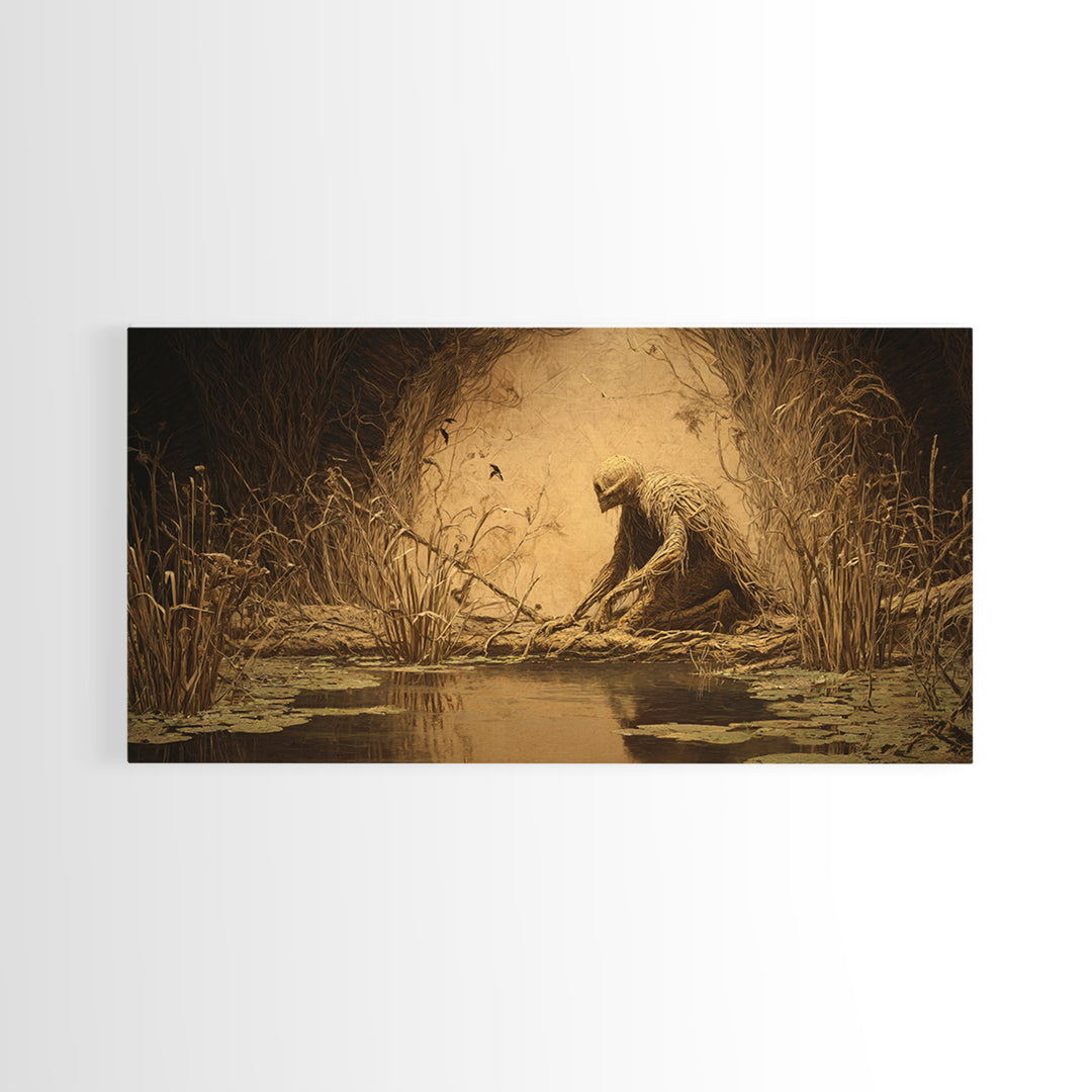 The Bog Mummy, Expressionist Nightmare Art, Wide Panoramic Art, Macabre Wall Art, Framed Canvas Print, Halloween Wall Art, Halloween Decor