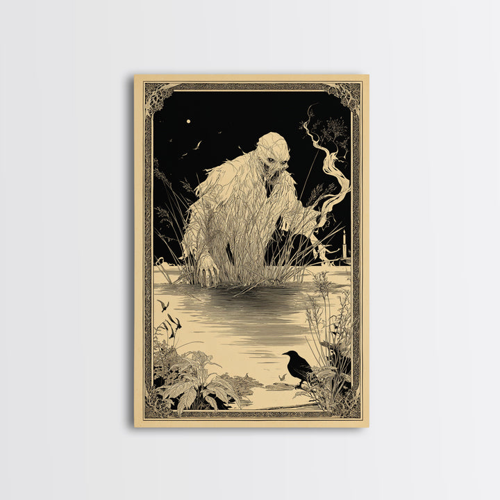 The Bog Mummy, Decadent Line Art, Vertical Wall Art, Dark Fantasy Wall Art, Framed Canvas Print, Halloween Wall Art