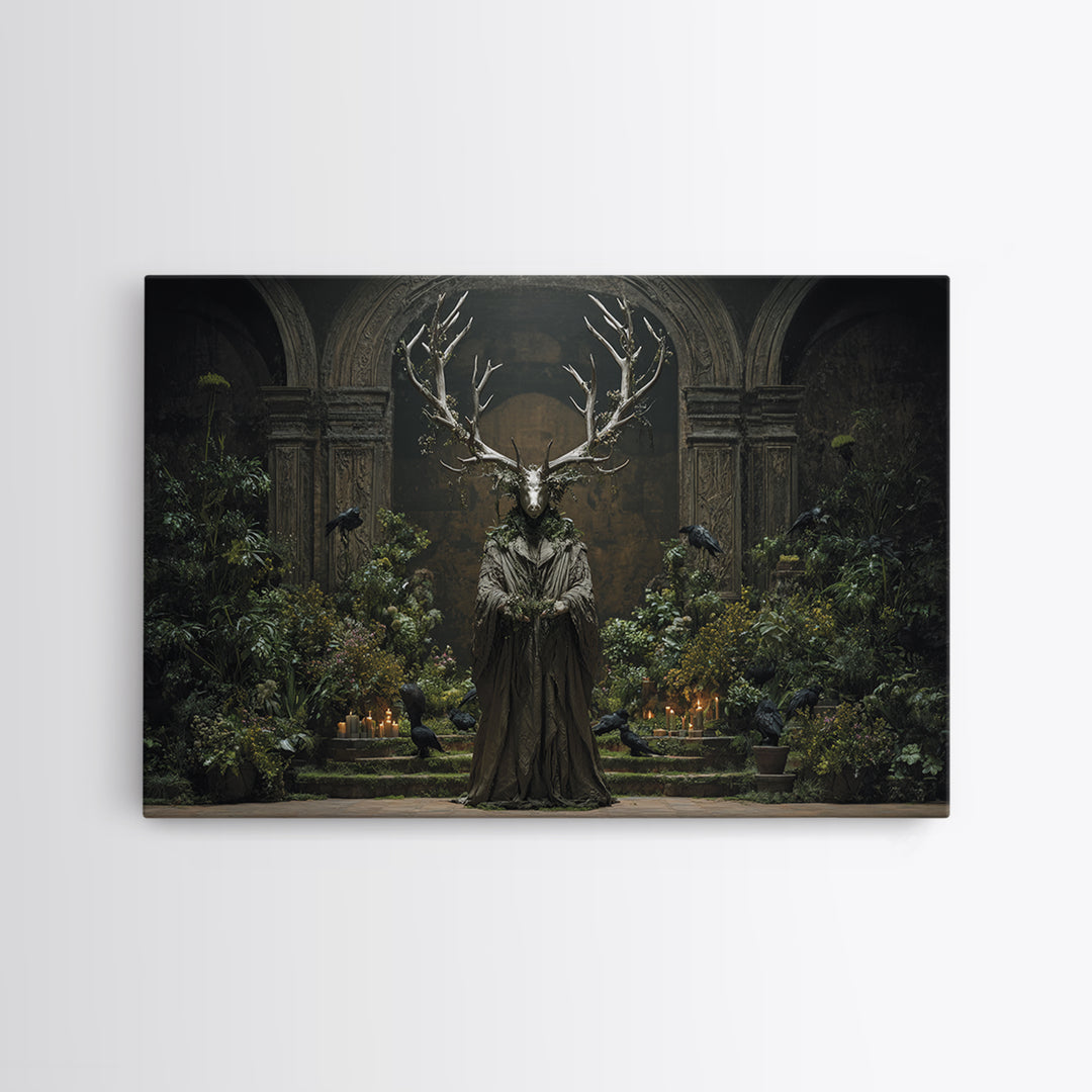 The Antlered Forest Spirit, Medieval Grotesque Art, Landscape Wall Art, Dark Halloween Decor, Canvas Print, Halloween Wall Art