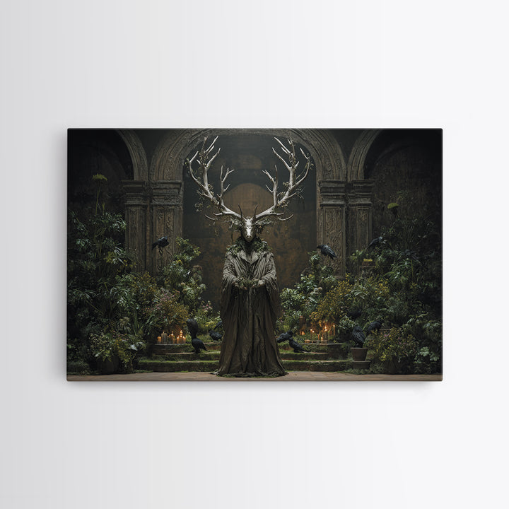The Antlered Forest Spirit, Medieval Grotesque Art, Landscape Wall Art, Dark Halloween Decor, Canvas Print, Halloween Wall Art