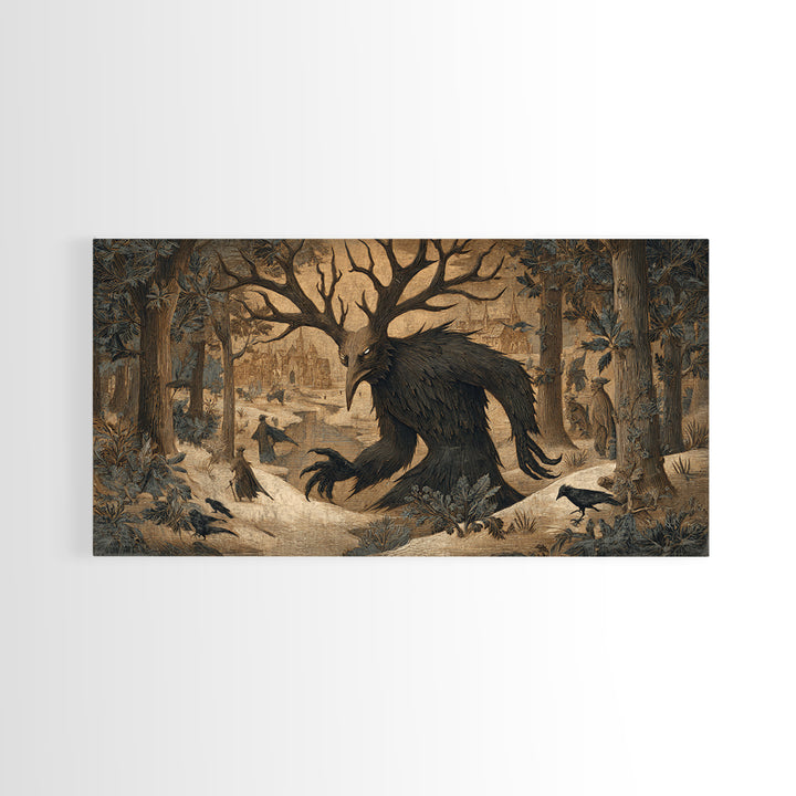 The Antlered Forest Spirit, Northern Renaissance Horror, Wide Panoramic Art, Macabre Wall Art, Canvas Print, Halloween Wall Art
