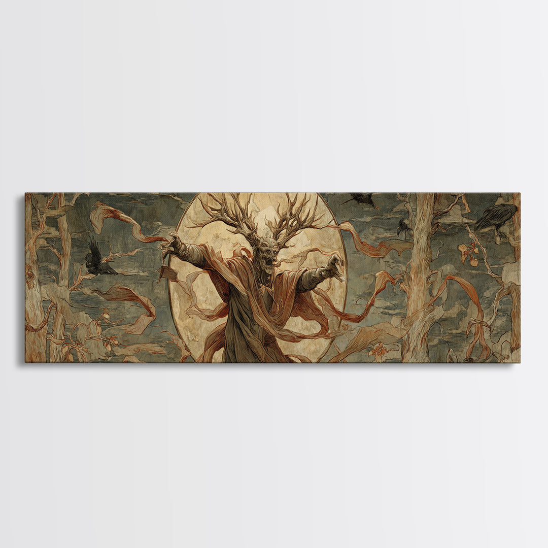The Antlered Forest Spirit, Dark Renaissance Art, Extra Wide Wall Art, Macabre Wall Art, Canvas Print, Halloween Wall Art