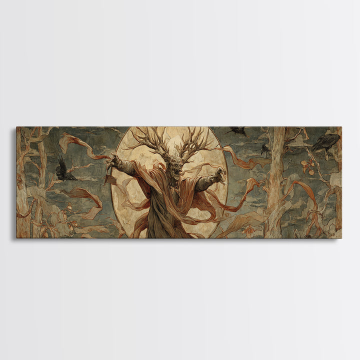 The Antlered Forest Spirit, Dark Renaissance Art, Extra Wide Wall Art, Macabre Wall Art, Canvas Print, Halloween Wall Art