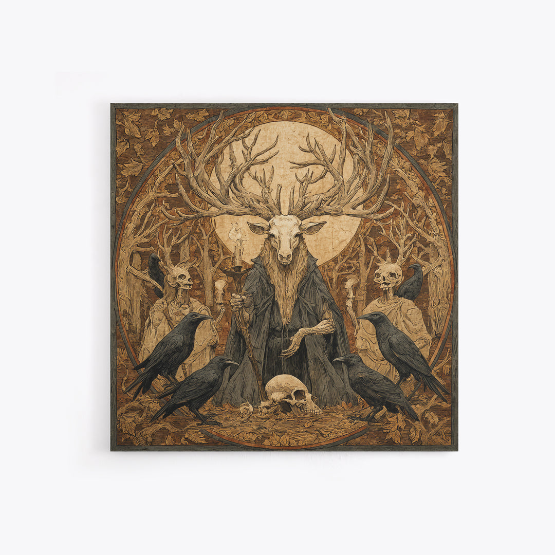 The Antlered Forest Spirit, Danse Macabre Art, Square Wall Art, Dark Halloween Decor, Framed Canvas Print