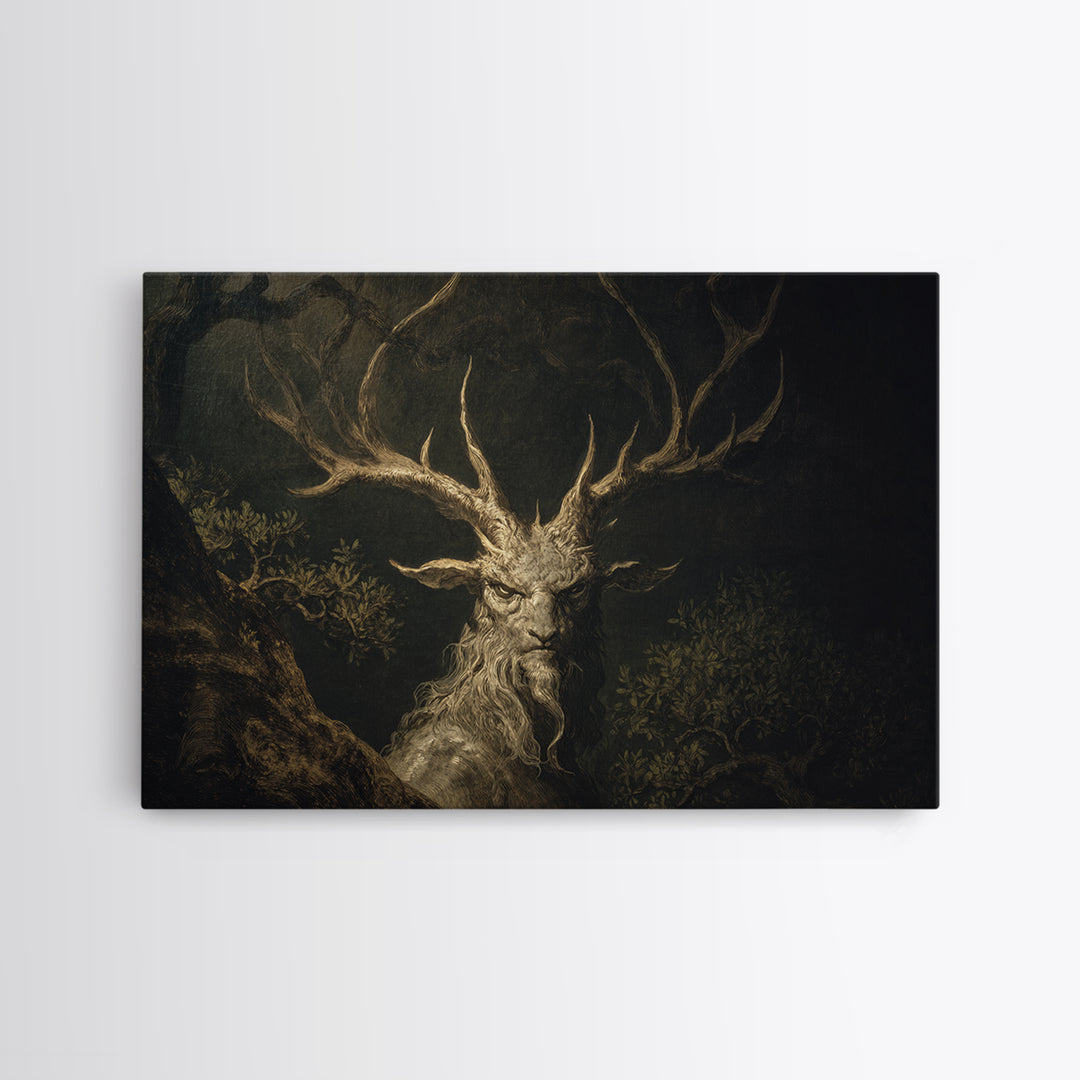 The Antlered Forest Spirit, Baroque Witchcraft Art, Landscape Wall Art, Macabre Wall Art, Framed Canvas Print, Halloween Wall Art