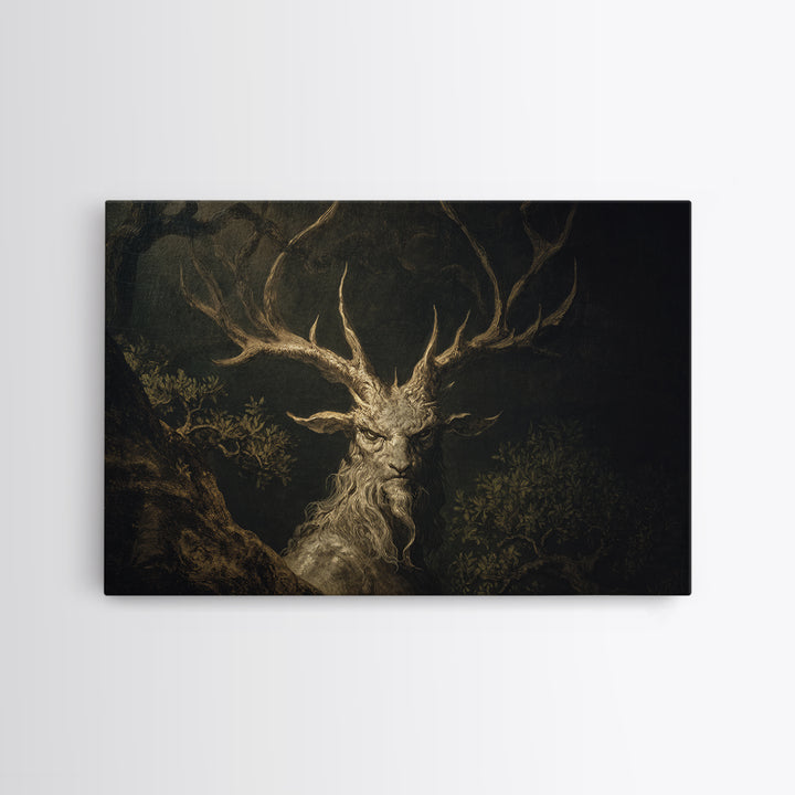 The Antlered Forest Spirit, Baroque Witchcraft Art, Landscape Wall Art, Macabre Wall Art, Framed Canvas Print, Halloween Wall Art