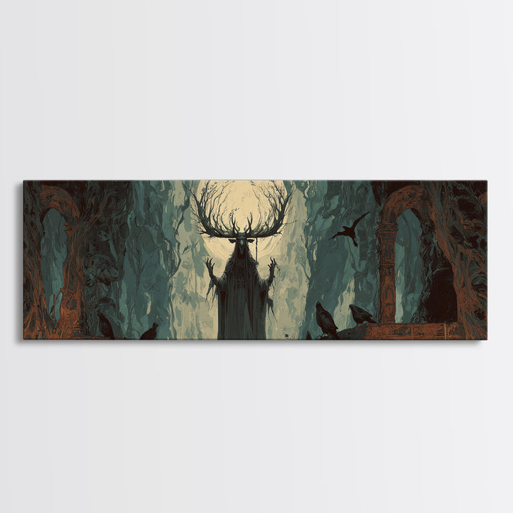 The Antlered Forest Spirit, Dark Romantic Horror Art, Extra Wide Wall Art, Dark Halloween Decor, Canvas Print, Halloween Wall Art