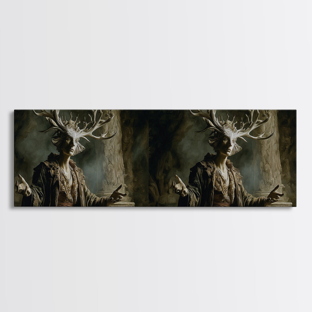 The Antlered Forest Spirit, Gothic Nightmare Art, Extra Wide Wall Art, Dark Fantasy Wall Art, Framed Canvas Print, Halloween Wall Art
