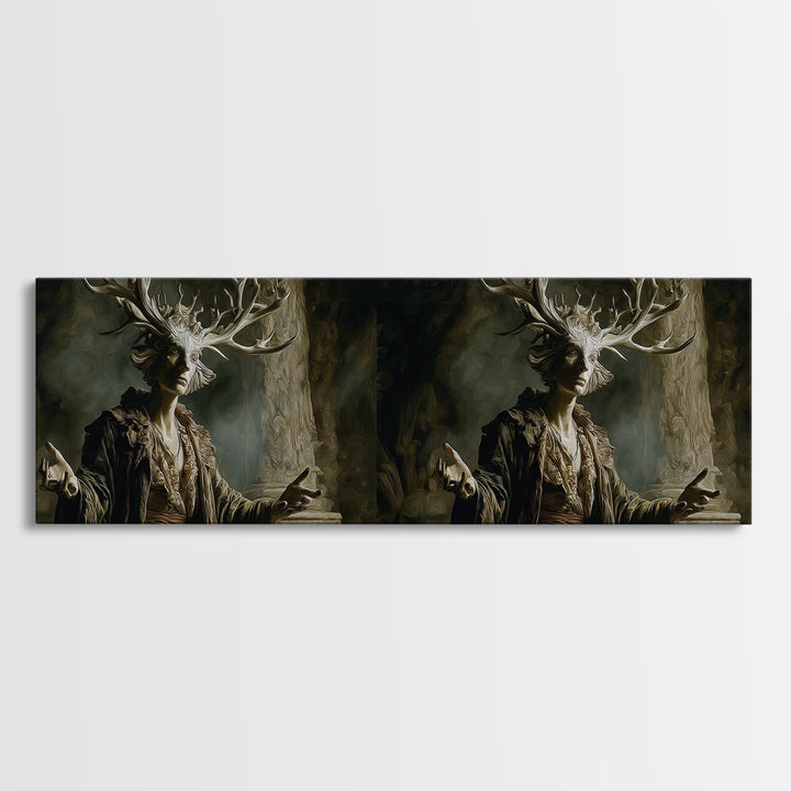 The Antlered Forest Spirit, Gothic Nightmare Art, Extra Wide Wall Art, Dark Fantasy Wall Art, Framed Canvas Print, Halloween Wall Art