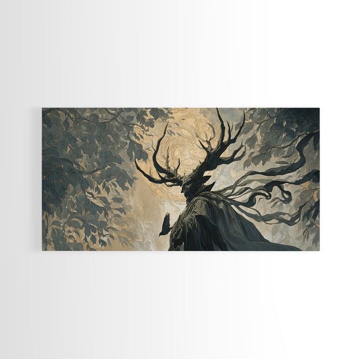 The Antlered Forest Spirit, Visionary Gothic Art, Wide Panoramic Art, Dark Fantasy Wall Art, Canvas Print, Halloween Wall Art