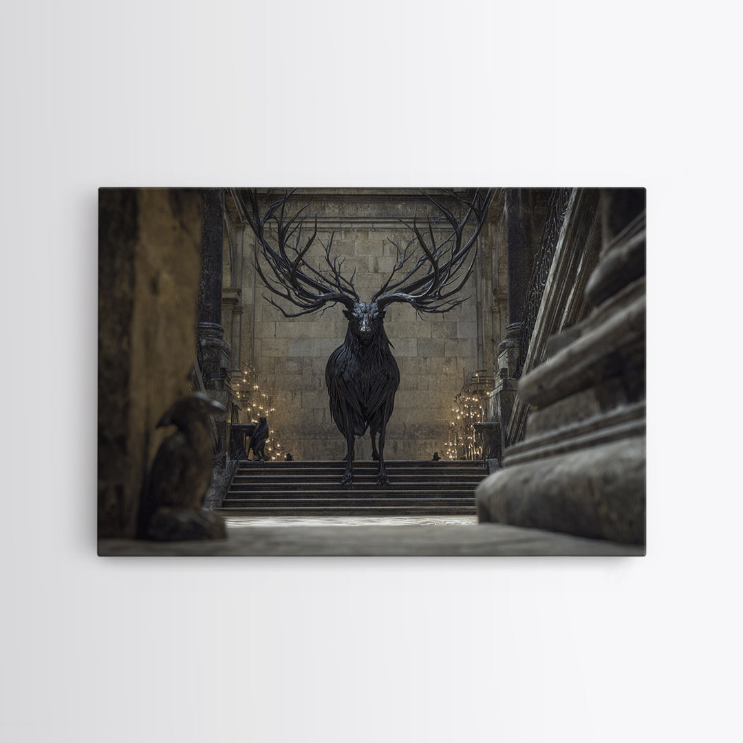 The Antlered Forest Spirit, Architectural Etching Art, Landscape Wall Art, Dark Fantasy Wall Art, Canvas Print