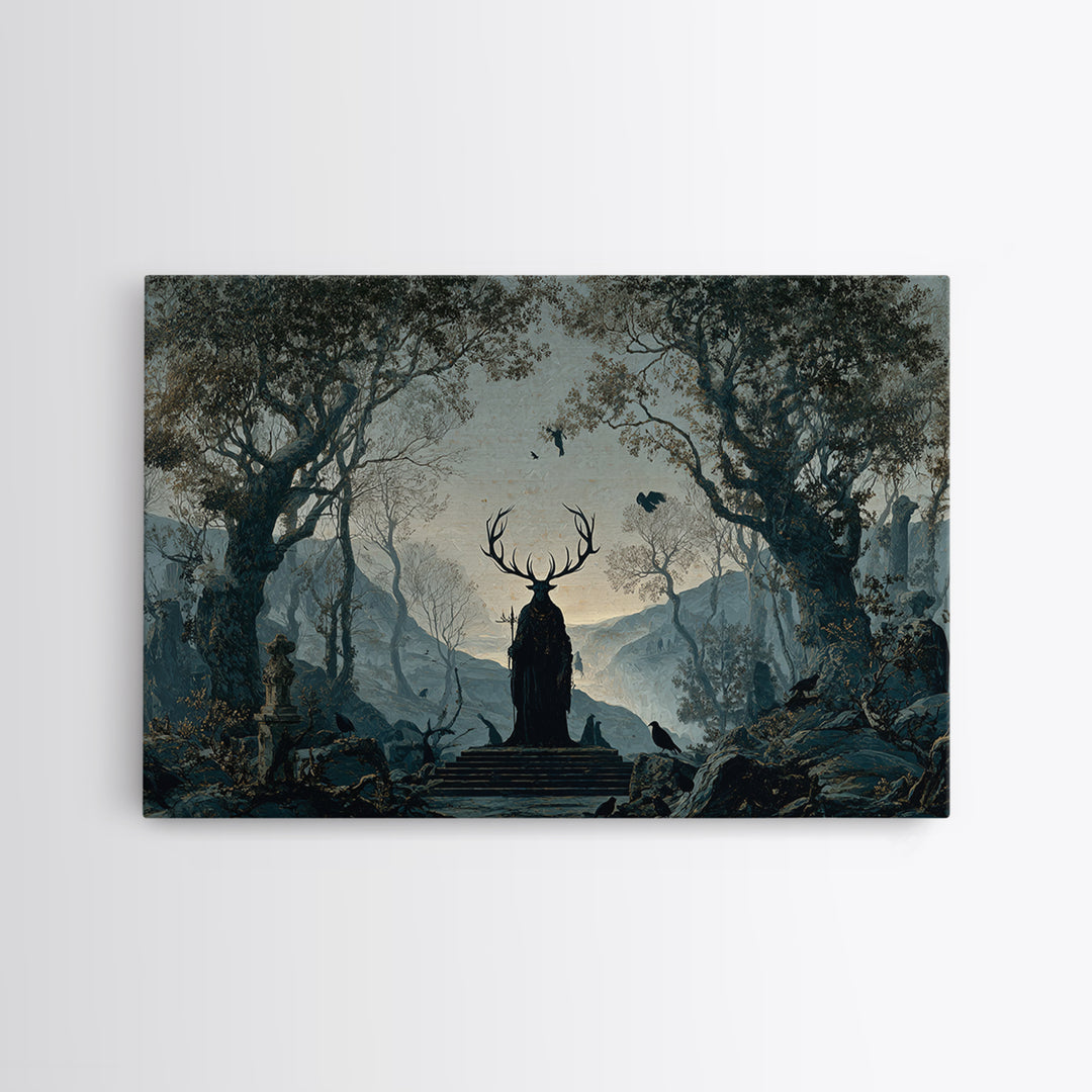 The Antlered Forest Spirit, Romantic Gothic Landscape, Landscape Wall Art, Gothic Horror Wall Art, Canvas Print, Dark Fantasy Art