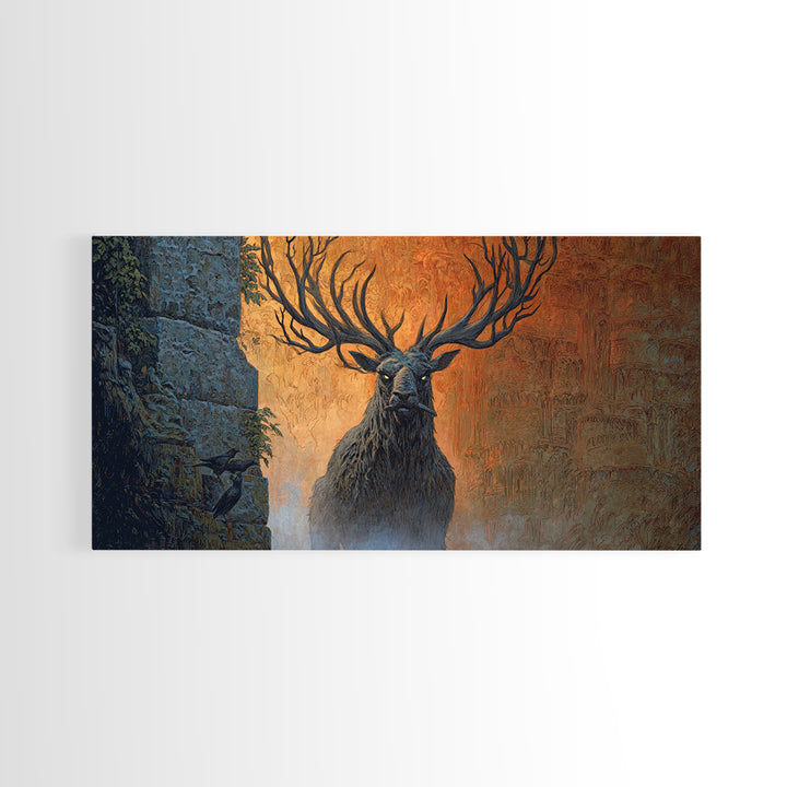 The Antlered Forest Spirit, Apocalyptic Romantic Art, Wide Panoramic Art, Gothic Horror Wall Art, Canvas Print, Halloween Wall Art
