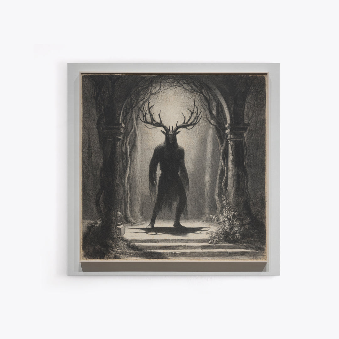 The Antlered Forest Spirit, Symbolist Dream Art, Square Wall Art, Macabre Wall Art, Canvas Print, Halloween Wall Art
