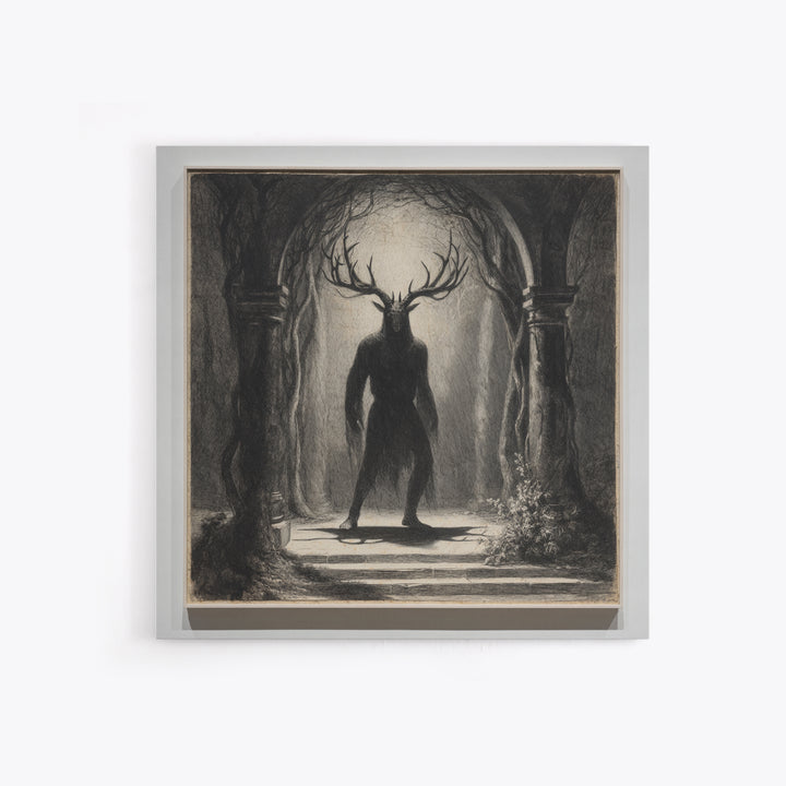 The Antlered Forest Spirit, Symbolist Dream Art, Square Wall Art, Macabre Wall Art, Canvas Print, Halloween Wall Art