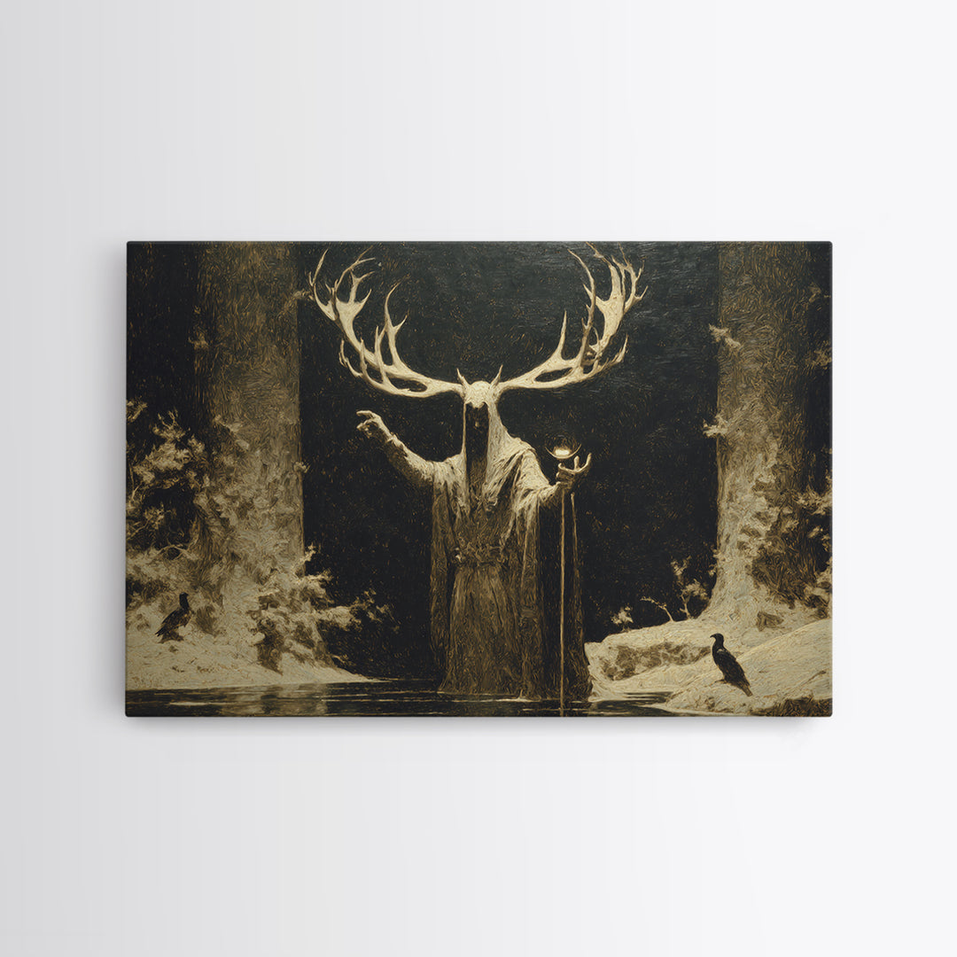 The Antlered Forest Spirit, Symbolist Gothic Landscape, Landscape Wall Art, Dark Fantasy Wall Art, Framed Canvas Print, Halloween Wall Art