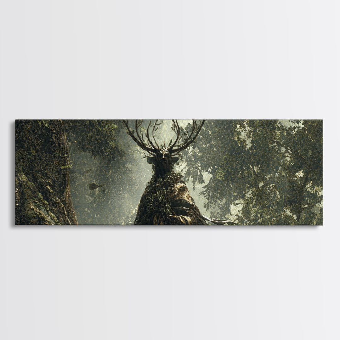The Antlered Forest Spirit, Ornate Symbolist Art, Extra Wide Wall Art, Macabre Wall Art, Framed Canvas Print, Halloween Wall Art