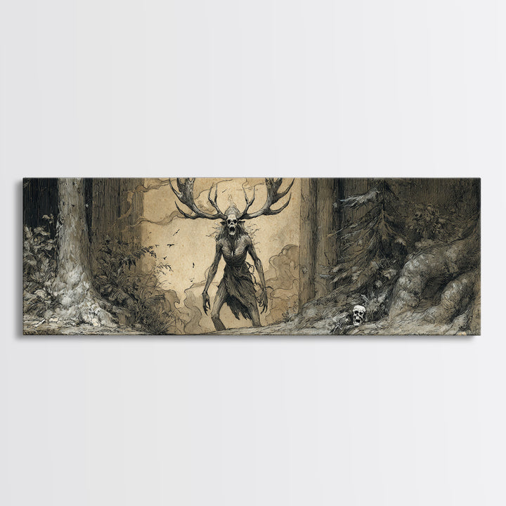 The Antlered Forest Spirit, Decadent Gothic Art, Extra Wide Wall Art, Macabre Wall Art, Framed Canvas Print, Halloween Wall Art