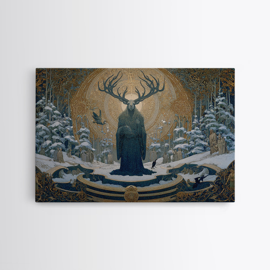The Antlered Forest Spirit, Symbolist Death Art, Landscape Wall Art, Macabre Wall Art, Framed Canvas Print, Halloween Wall Art