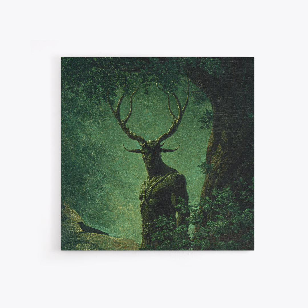 The Antlered Forest Spirit, Dark Symbolist Art, Square Wall Art, Macabre Wall Art, Canvas Print, Halloween Wall Art