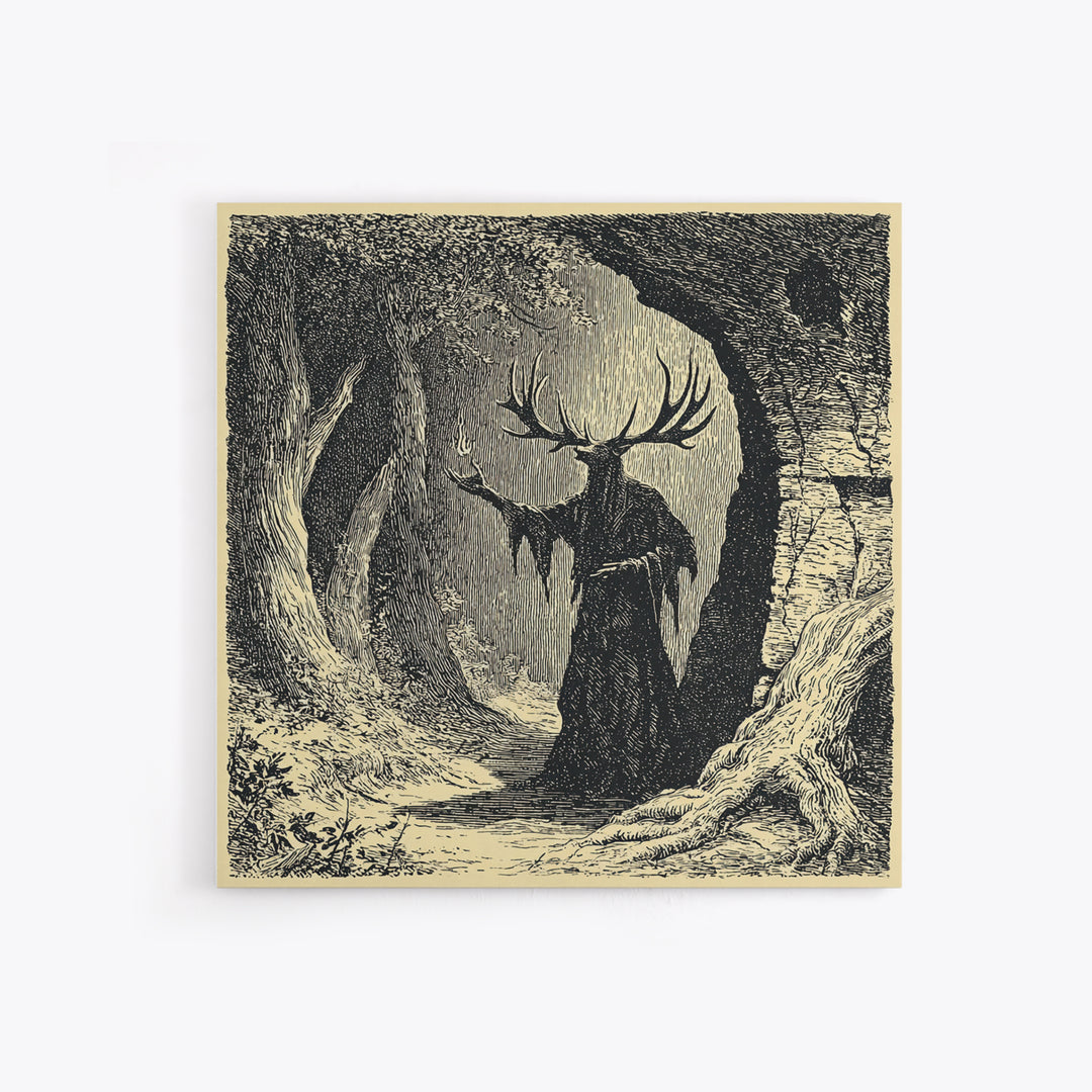 The Antlered Forest Spirit, Symbolist Etching Art, Square Wall Art, Dark Halloween Decor, Framed Canvas Print, Halloween Wall Art