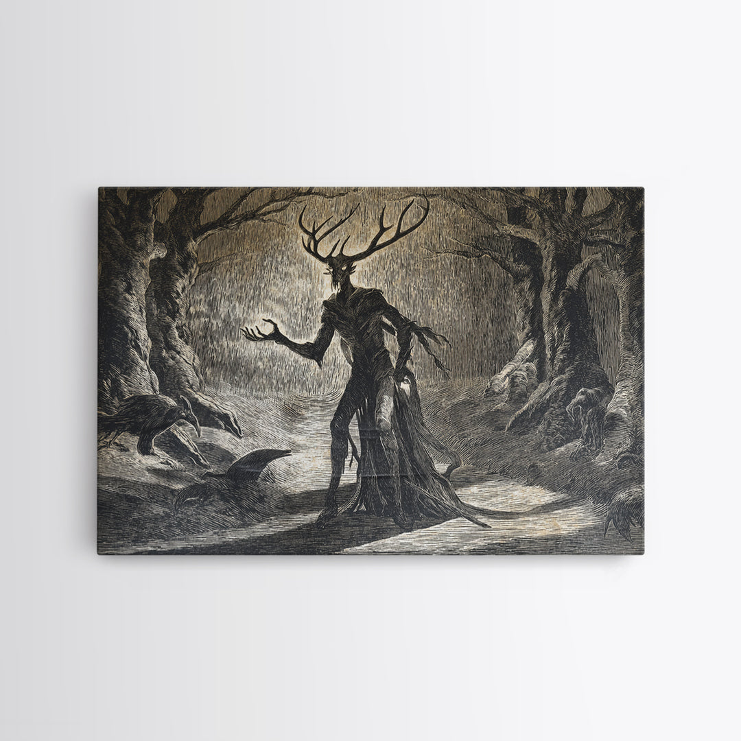 The Antlered Forest Spirit, Expressionist Nightmare Art, Landscape Wall Art, Dark Fantasy Wall Art, Canvas Print, Halloween Wall Art