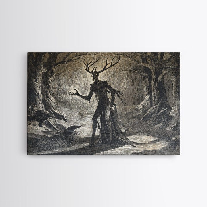 The Antlered Forest Spirit, Expressionist Nightmare Art, Landscape Wall Art, Dark Fantasy Wall Art, Canvas Print, Halloween Wall Art
