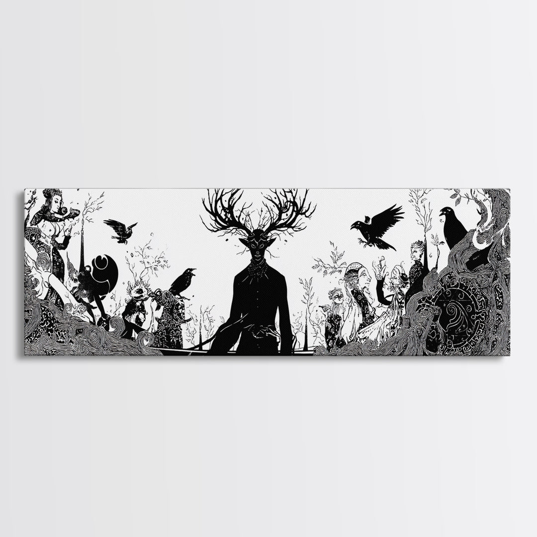 The Antlered Forest Spirit, Decadent Line Art, Extra Wide Wall Art, Dark Fantasy Wall Art, Canvas Print, Halloween Wall Art
