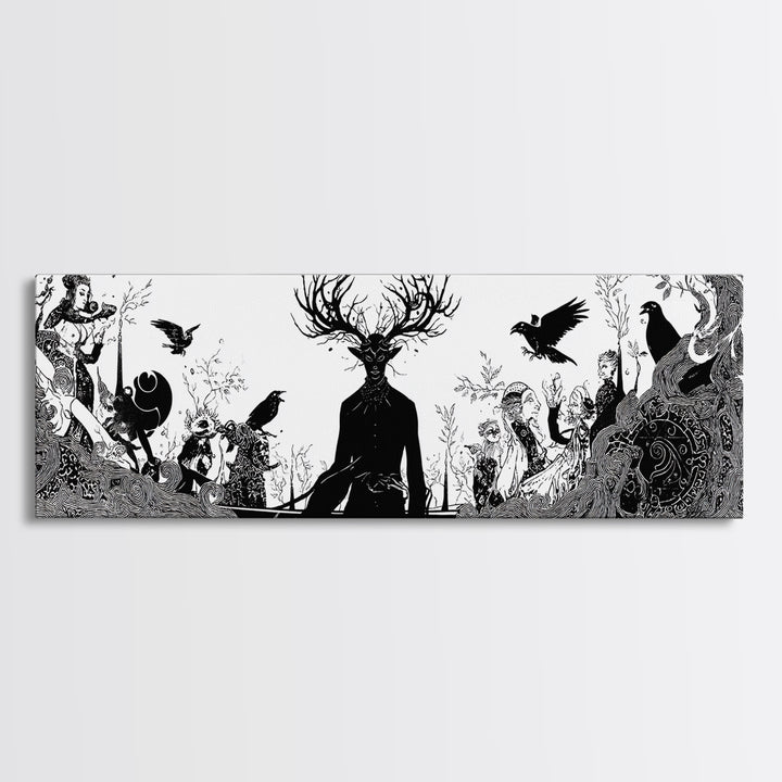 The Antlered Forest Spirit, Decadent Line Art, Extra Wide Wall Art, Dark Fantasy Wall Art, Canvas Print, Halloween Wall Art