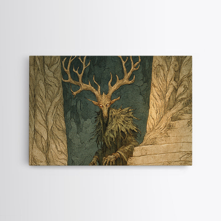 The Antlered Forest Spirit, Gothic Storybook Art, Landscape Wall Art, Dark Halloween Decor, Canvas Print, Halloween Wall Art