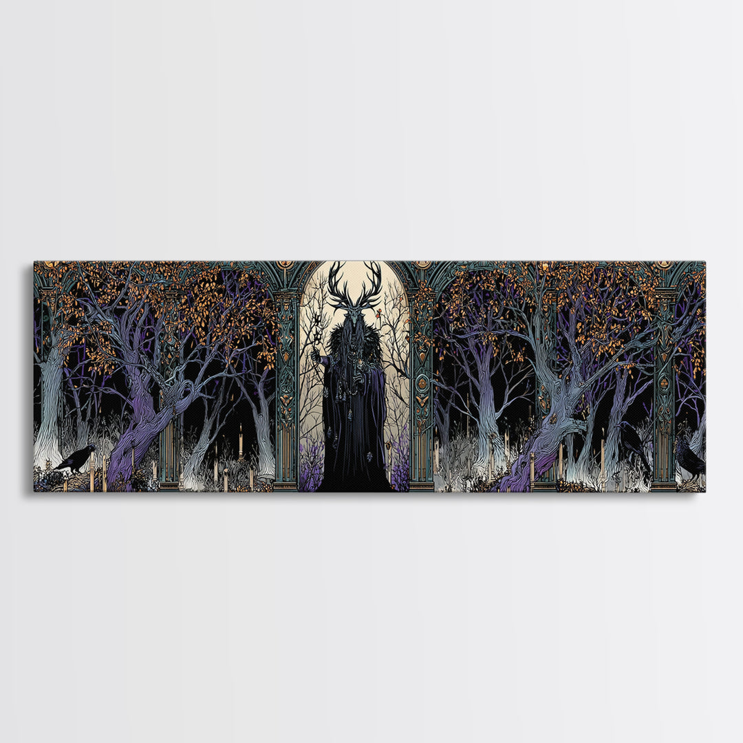The Antlered Forest Spirit, Stained Glass Gothic Art, Extra Wide Wall Art, Dark Fantasy Wall Art, Framed Canvas Print, Halloween Wall Art