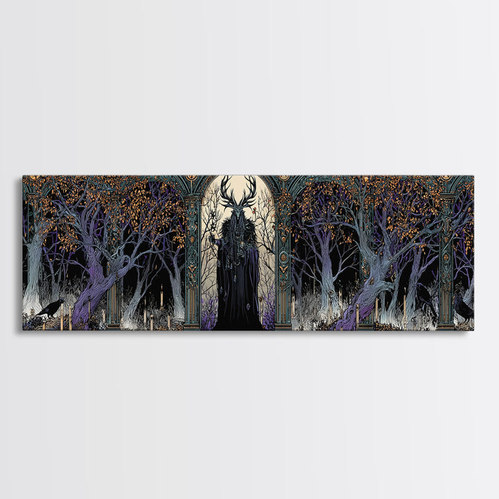 The Antlered Forest Spirit, Stained Glass Gothic Art, Extra Wide Wall Art, Dark Fantasy Wall Art, Framed Canvas Print, Halloween Wall Art