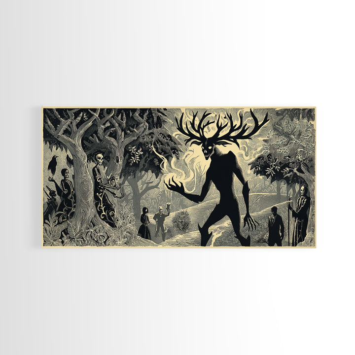 The Antlered Forest Spirit, Macabre Folk Print Art, Wide Panoramic Art, Dark Fantasy Wall Art, Canvas Print, Halloween Wall Art