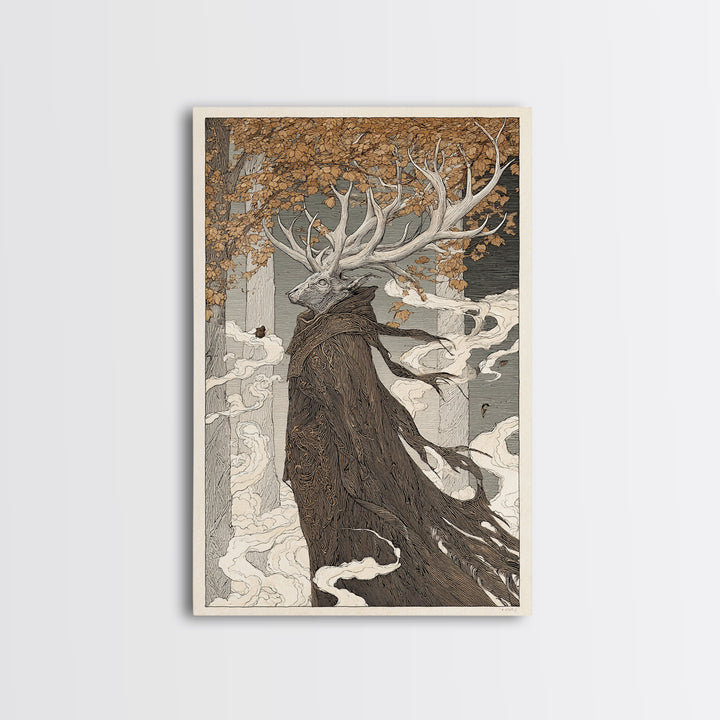 The Antlered Forest Spirit, Victorian Macabre Art, Vertical Wall Art, Gothic Horror Wall Art, Framed Canvas Print, Halloween Wall Art
