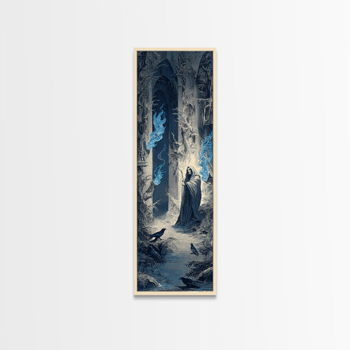 The Will-O'-The-Wisp Shepherd, Gothic Engraving Art, Tall Narrow Wall Art, Macabre Wall Art, Framed Canvas Print, Halloween Wall Art