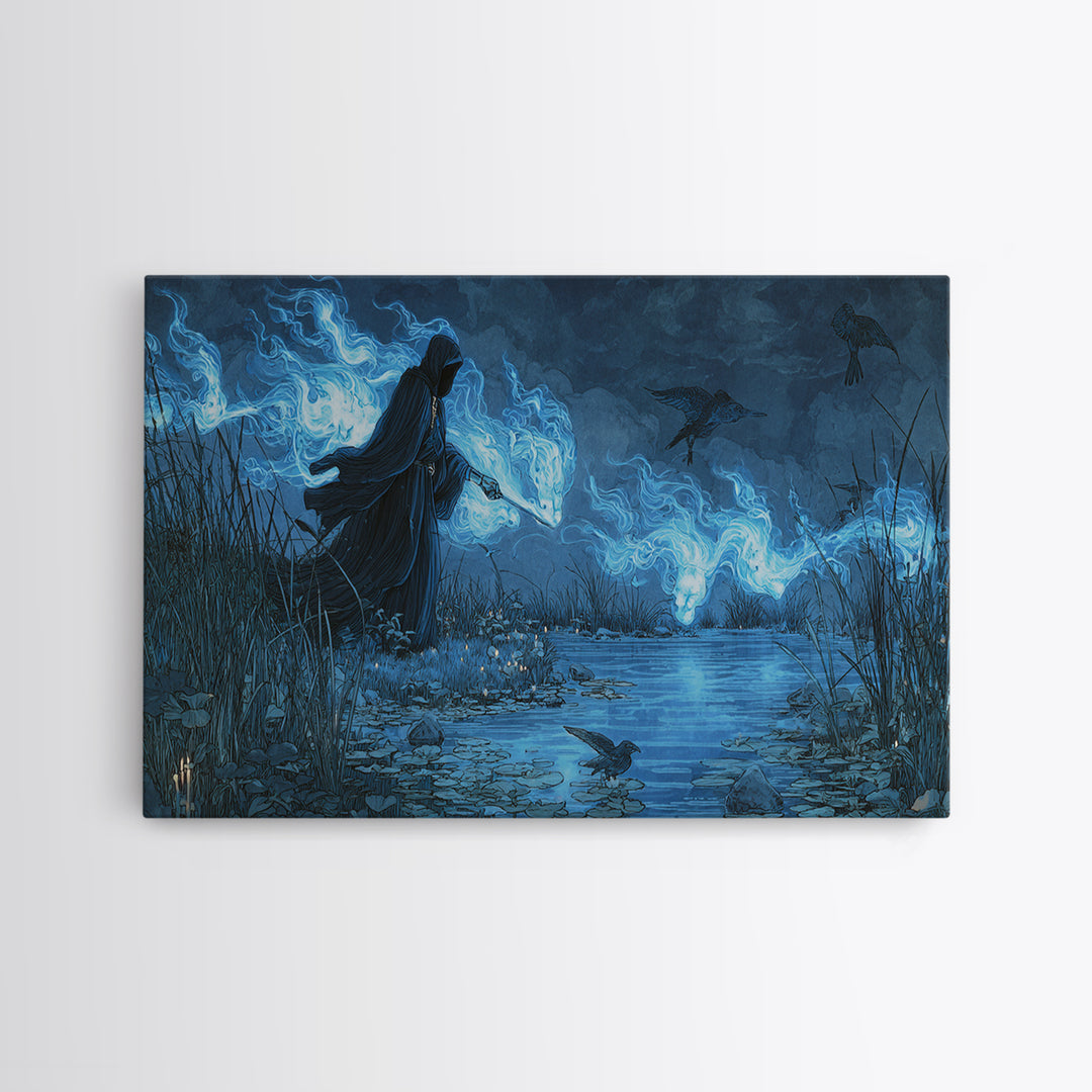 The Will-O'-The-Wisp Shepherd, Visionary Gothic Art, Wide Panoramic Art, Dark Halloween Decor, Canvas Print, Halloween Wall Art