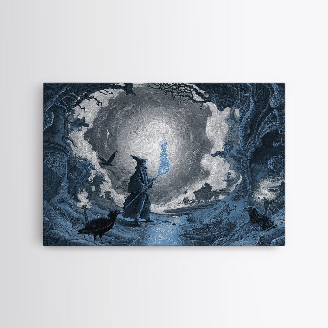 The Will-O'-The-Wisp Shepherd, Architectural Etching Art, Landscape Wall Art, Macabre Wall Art, Framed Canvas Print