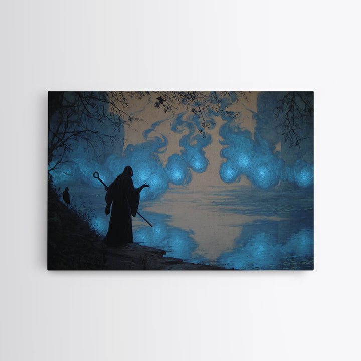 The Will-O'-The-Wisp Shepherd, Dark Symbolist Art, Landscape Wall Art, Macabre Wall Art, Framed Canvas Print, Halloween Wall Art