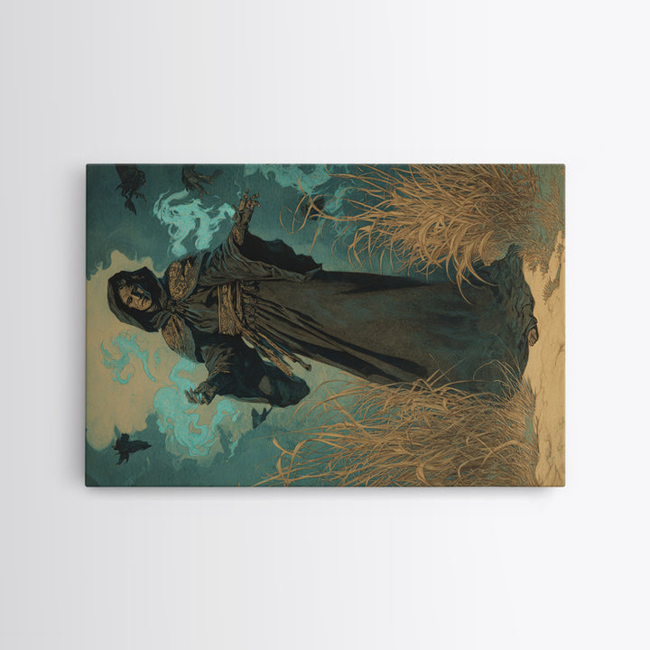The Will-O'-The-Wisp Shepherd, Symbolist Etching Art, Landscape Wall Art, Dark Halloween Decor, Canvas Print, Halloween Wall Art