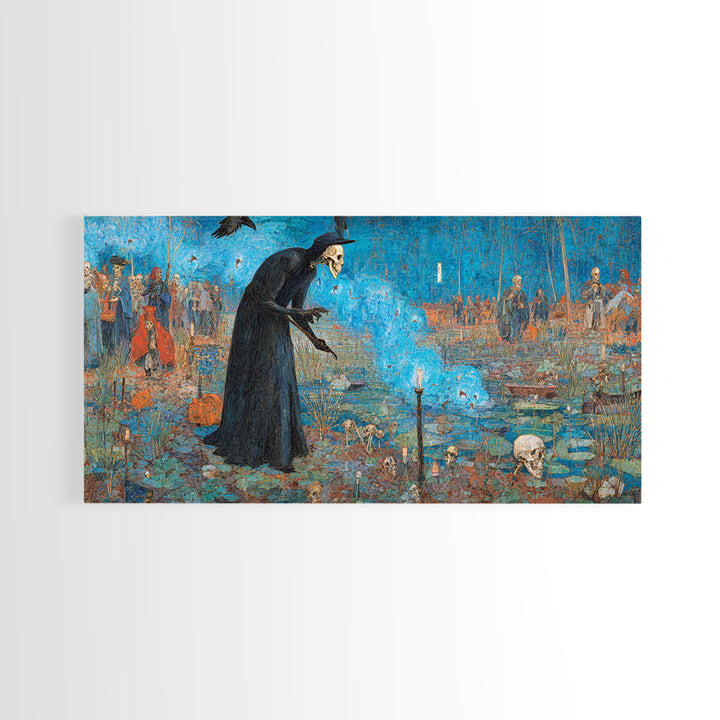 The Will-O'-The-Wisp Shepherd, Grotesque Carnival Art, Wide Panoramic Art, Dark Fantasy Wall Art, Framed Canvas Print, Halloween Wall Art