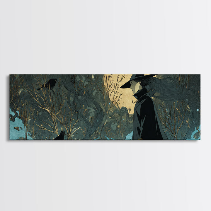 The Will-O'-The-Wisp Shepherd, Decadent Line Art, Extra Wide Wall Art, Dark Fantasy Wall Art, Canvas Print, Halloween Wall Art