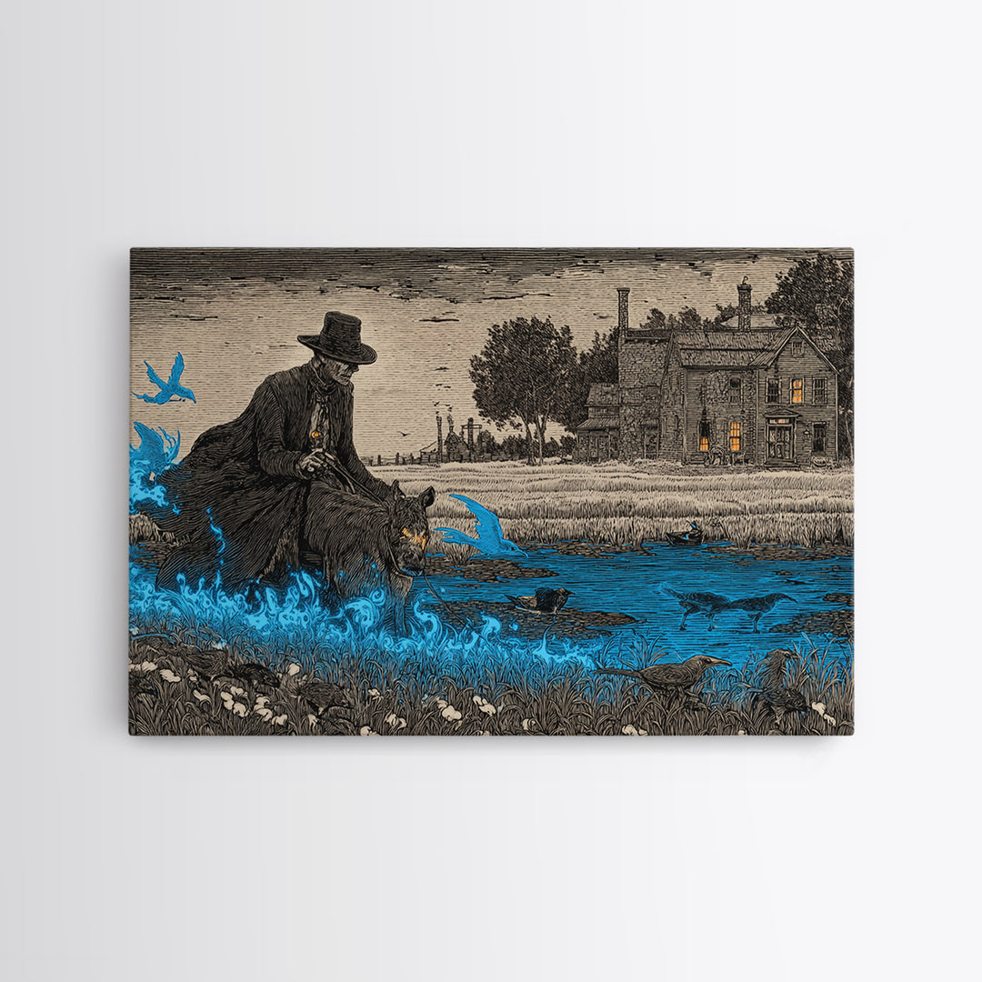 The Will-O'-The-Wisp Shepherd, Victorian Macabre Art, Landscape Wall Art, Dark Fantasy Wall Art, Framed Canvas Print, Halloween Wall Art
